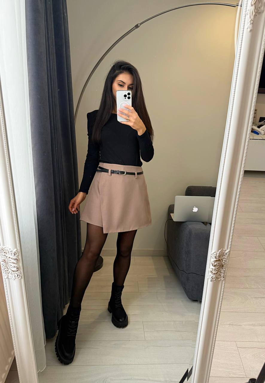 Beige Belted Skort in Turkish Kostyumka Womens A-Line Shorts Skirt