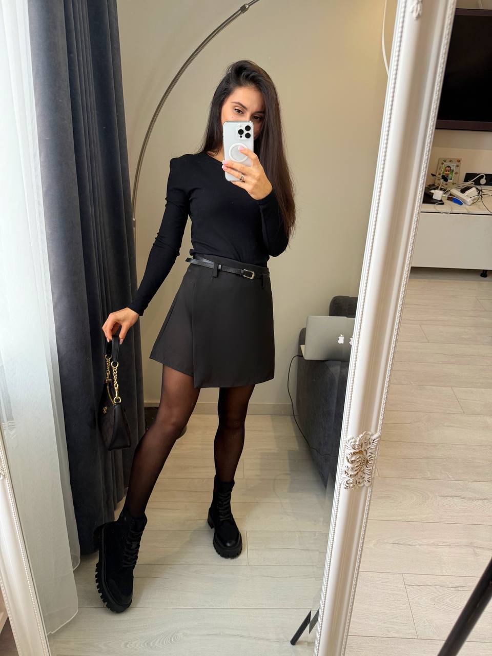 Black Skort Shorts Skirt Belted Mini Skort Turkish Suiting Fabric