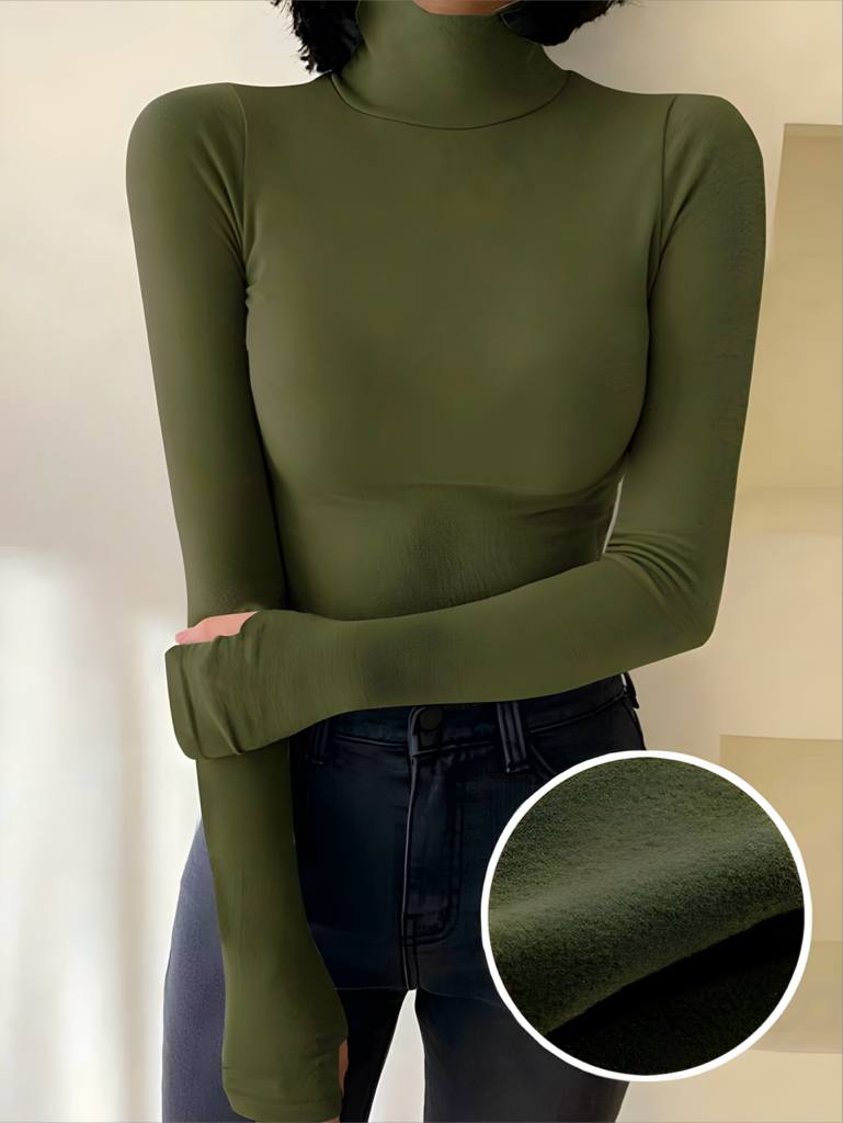 Olive Green Turtleneck Golf Warm Knit Long Sleeve Top