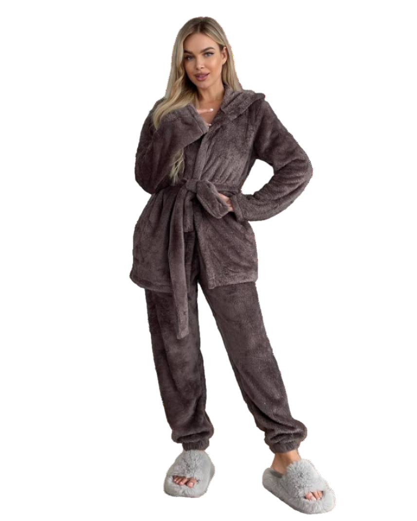 Women Three Piece Pajama Set Double Sided Terry Plush Loungewear Robe Top Pants Taupe