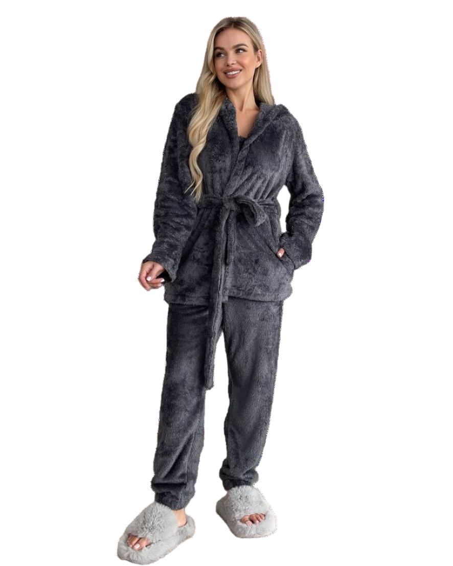 Womens Three Piece Double Sided Terry Pajama Set Robe Pants Top Dark Gray