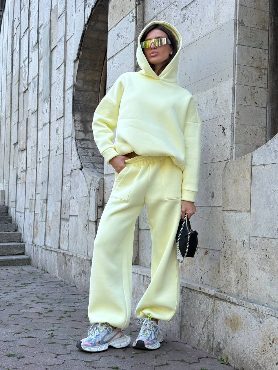 Pastel Yellow Oversized Hoodie Tracksuit Set Women Loungewear