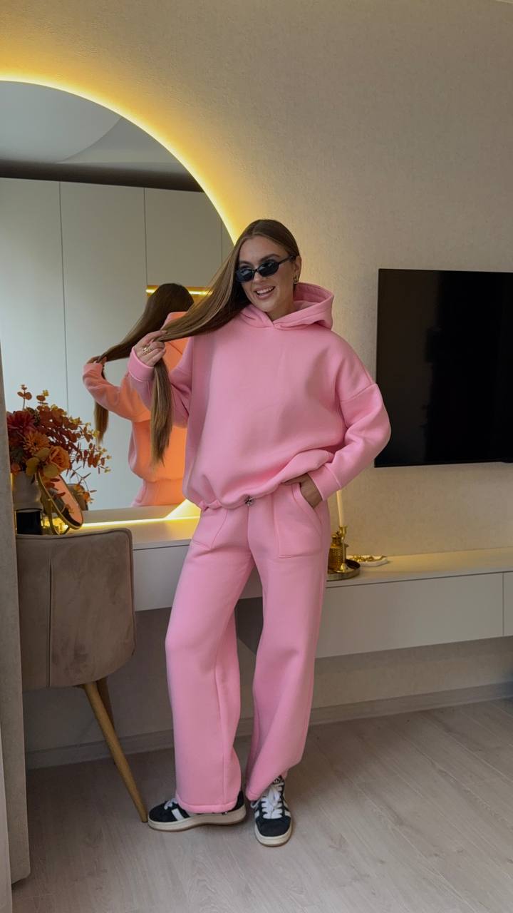Pink Fleece Tracksuit Womens Oversized Hoodie Straight Leg Sweatpants Athleisure Set
