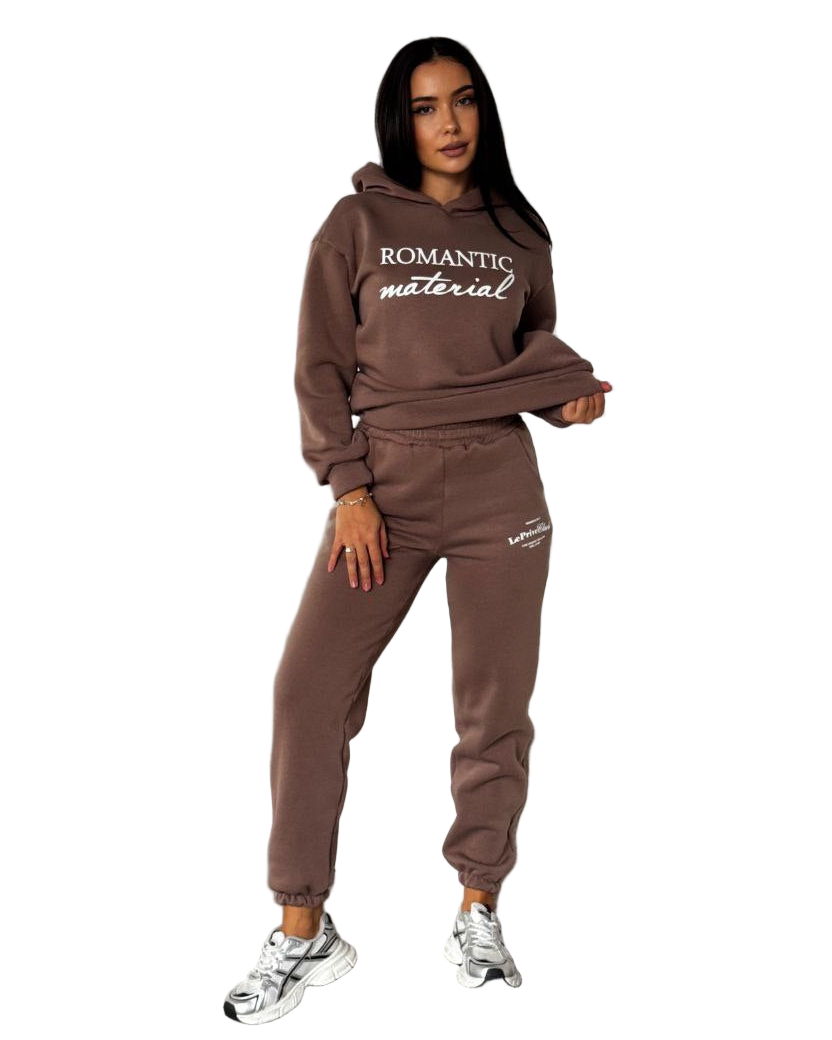 Brown Women Fleece Tracksuit Hooded Sweatshirt Jogger Set