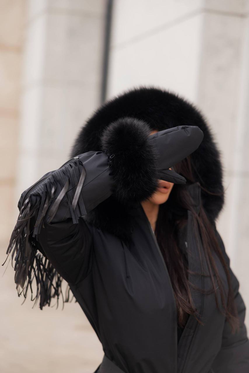 Black Women And Kids Ski Jumpsuit with Fringe Belt Mittens and Bag Insulated Winter Snow Suit