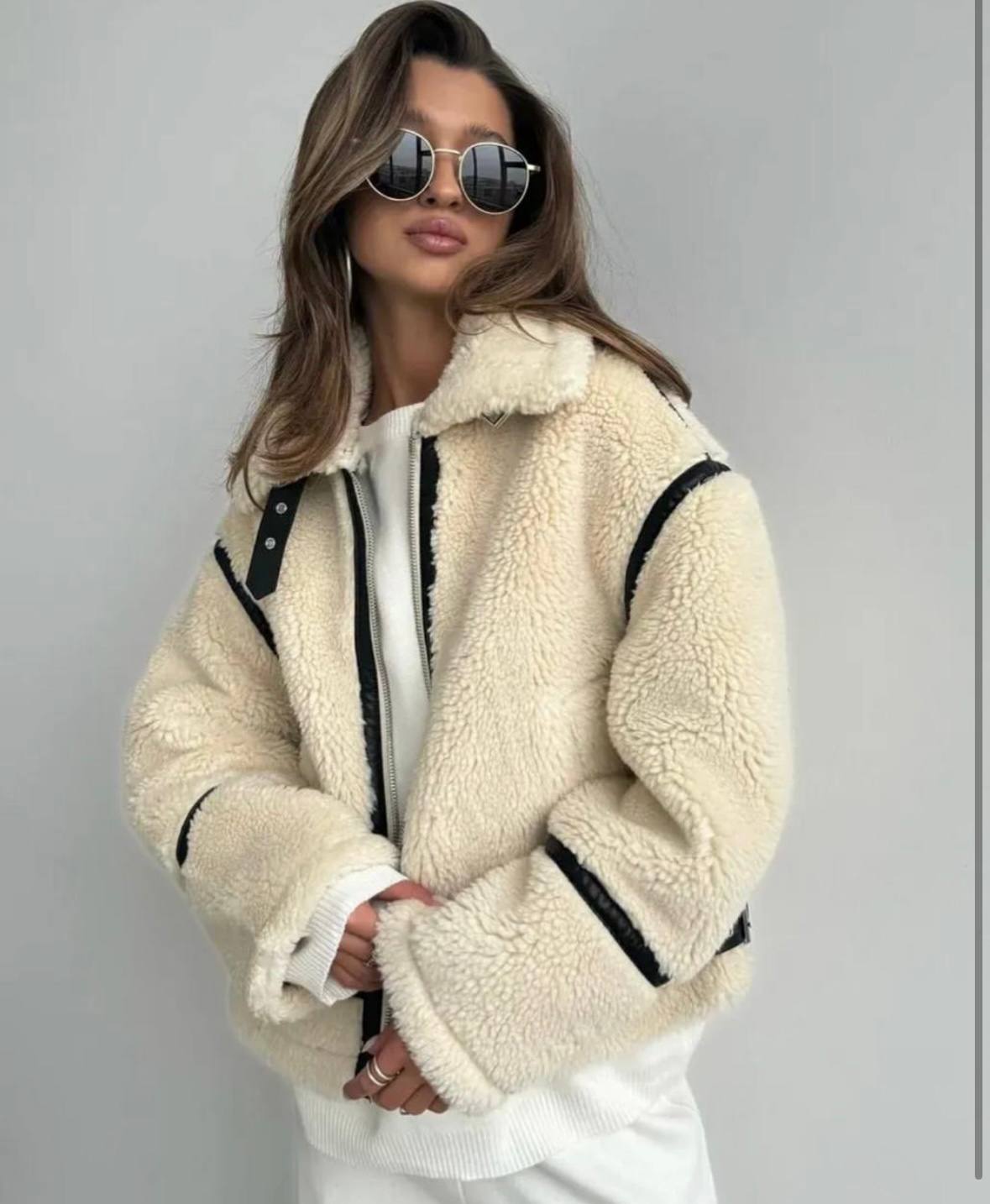 Cream Faux Shearling Jacket Sheepskin Style with Contrast Trim
