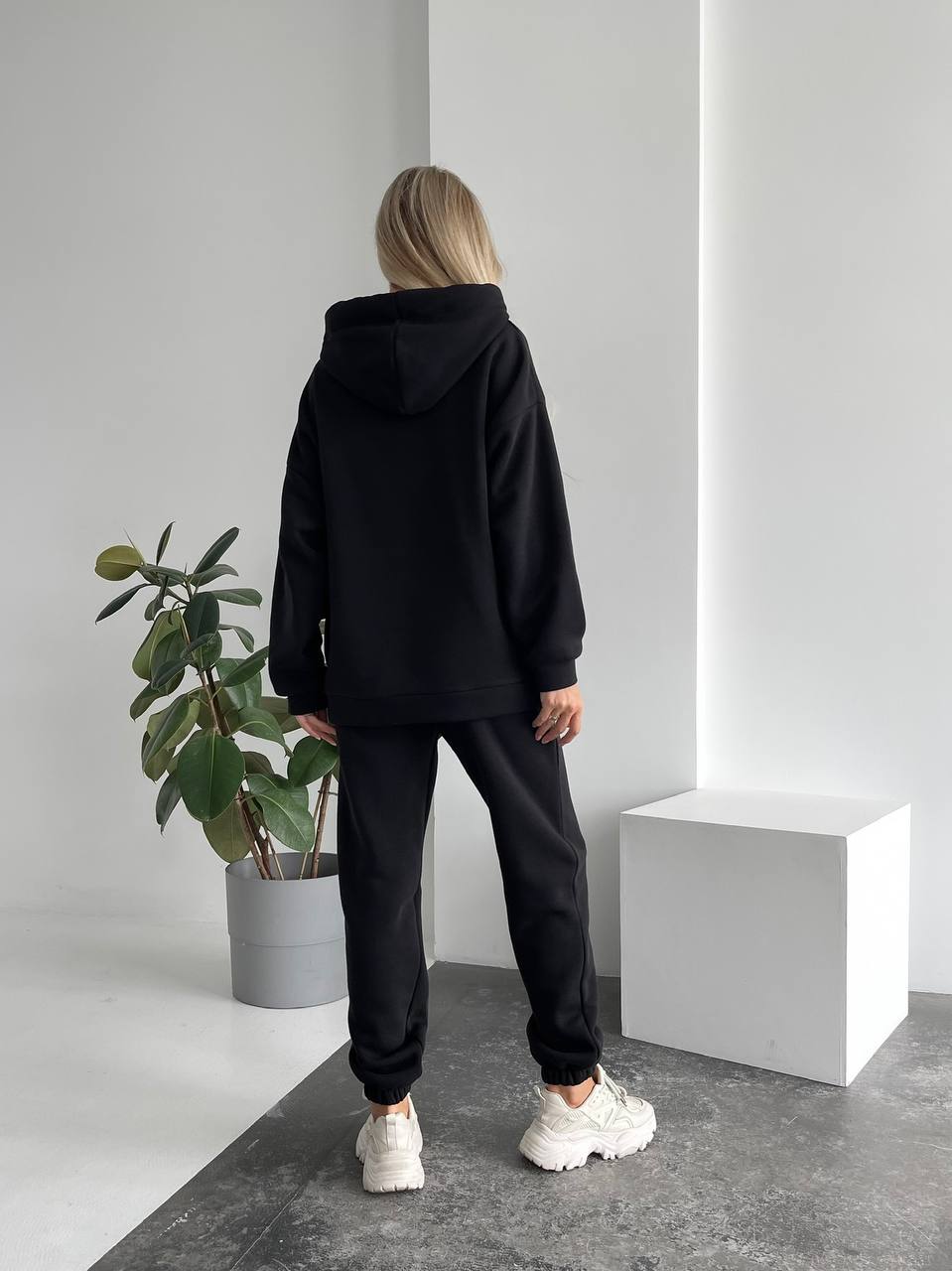 Person wearing a black hoodie and pants standing in a minimalistic room with a plant and white cube.