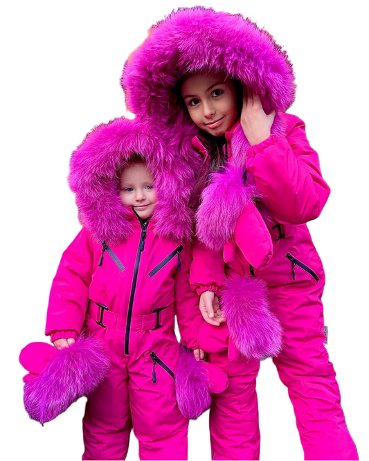 Raspberry Pink Women And Kids Ski Jumpsuit with Belt Mittens and Bag Insulated Winter Snow Suit