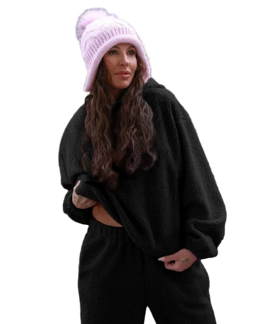 Teddy Oversize Tracksuit Black Fleece Hoodie and Joggers Set