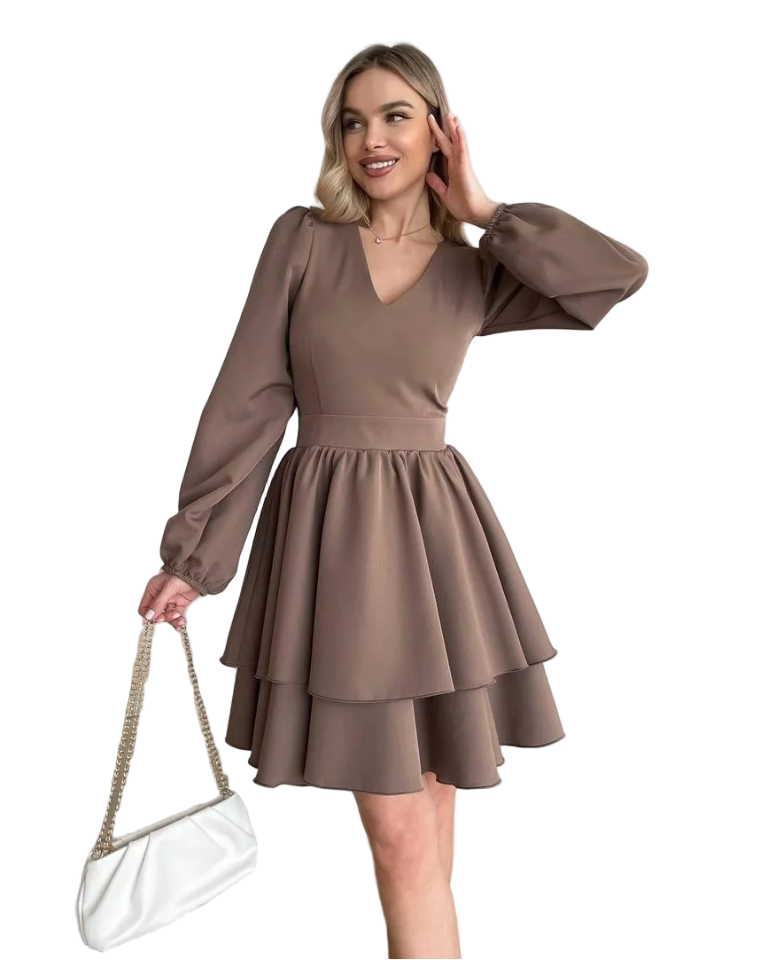 Brown V Neck Tiered Dress with Balloon Sleeves Womens Elegant Cocktail Dress