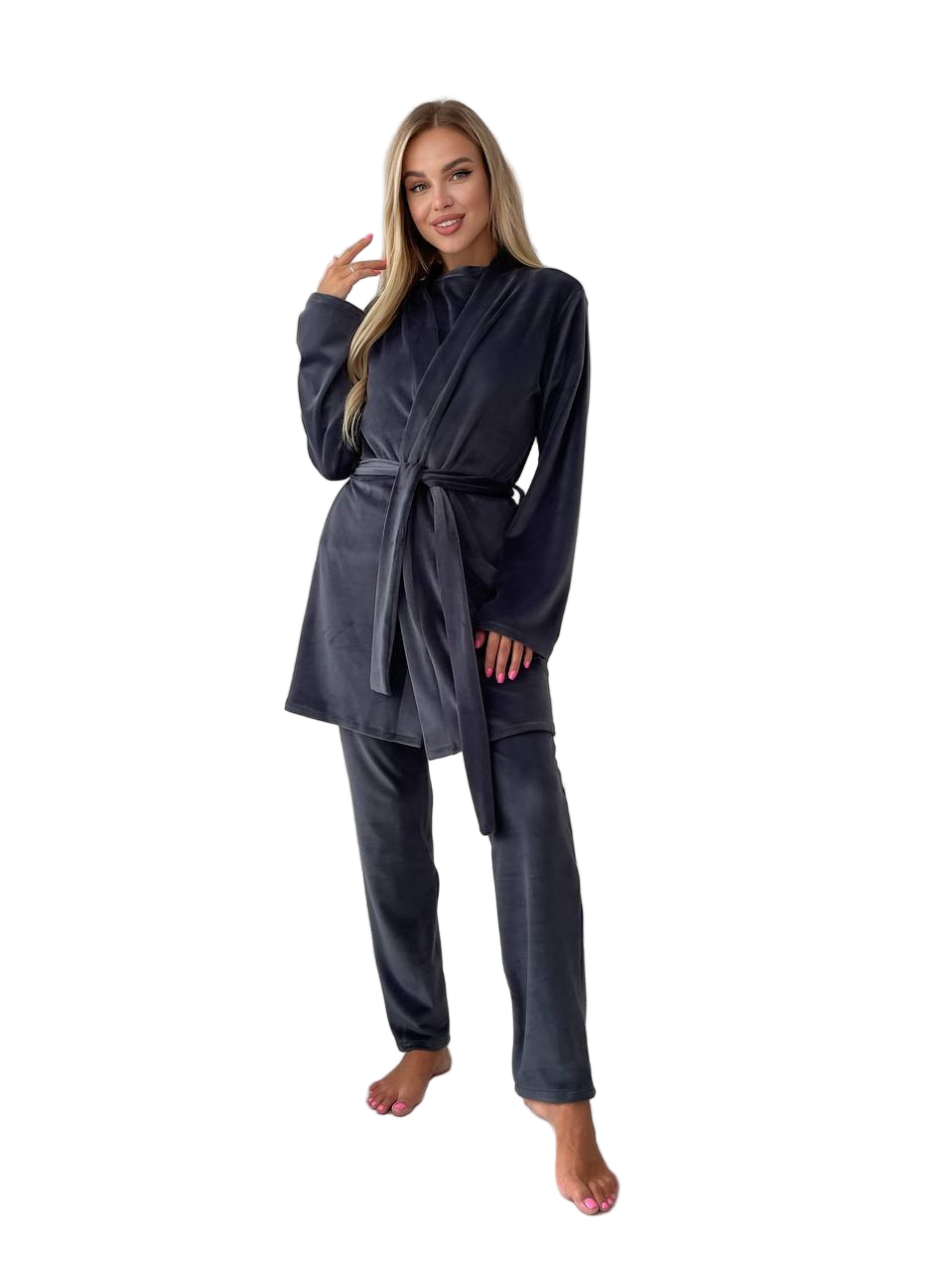 Charcoal Velour Three-Piece Loungewear Set Belted Robe Top Pants Homewear