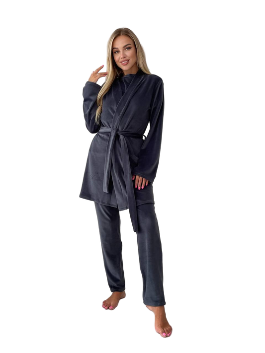 Charcoal Velour Three-Piece Loungewear Set Belted Robe Top Pants Homewear