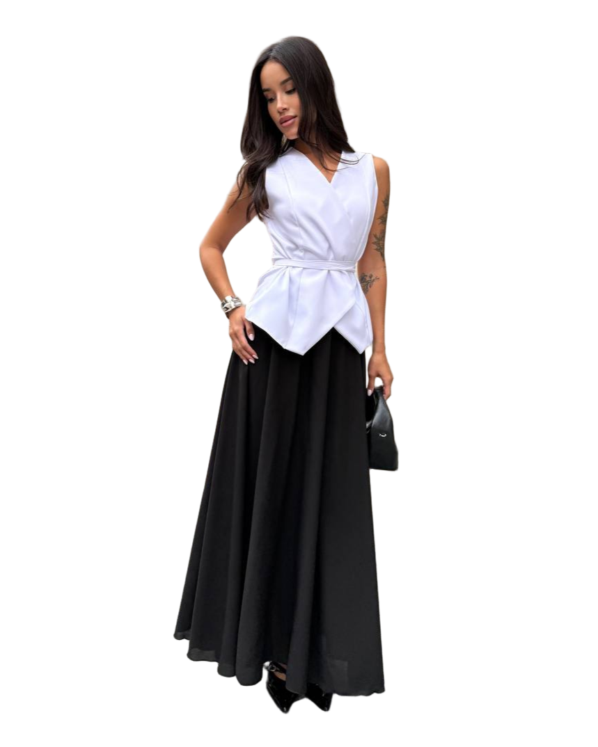 White Vest and Black Maxi Skirt Evening Set Two Piece Formal Outfit
