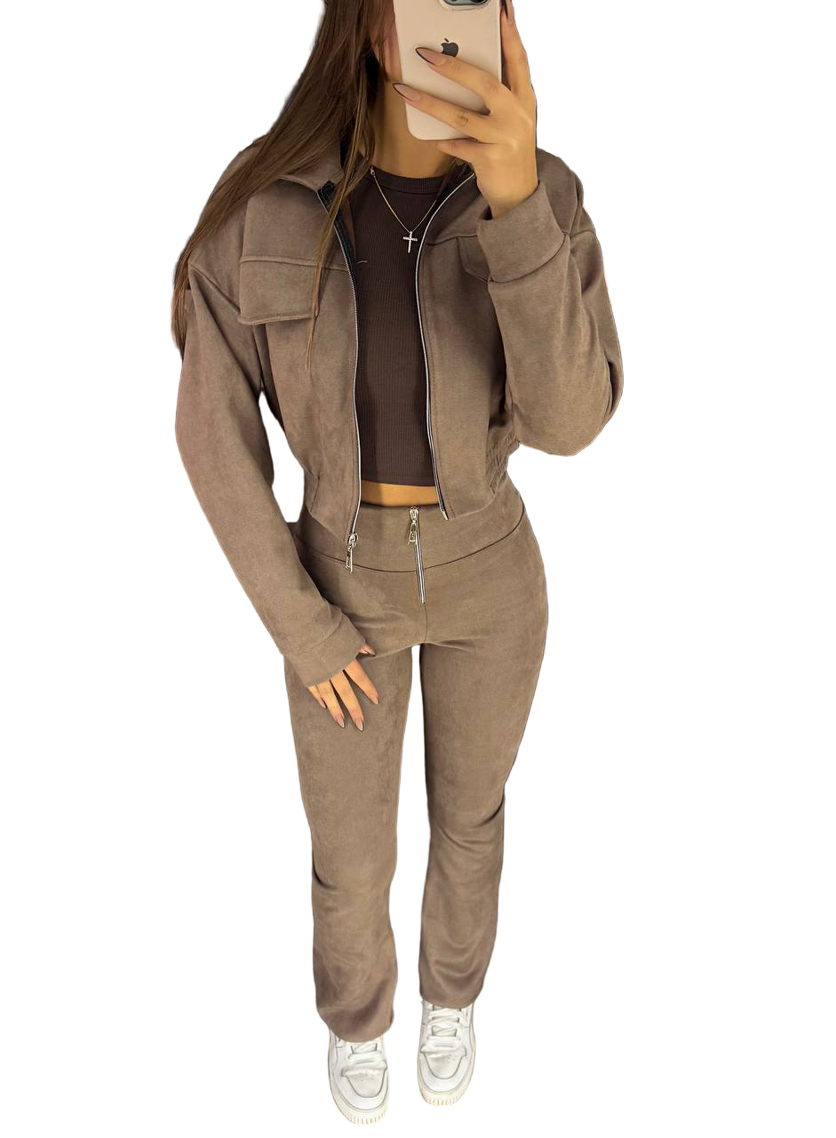 Womens Taupe Suede Tracksuit Set Flared Pants Zip Jacket Casual Loungewear