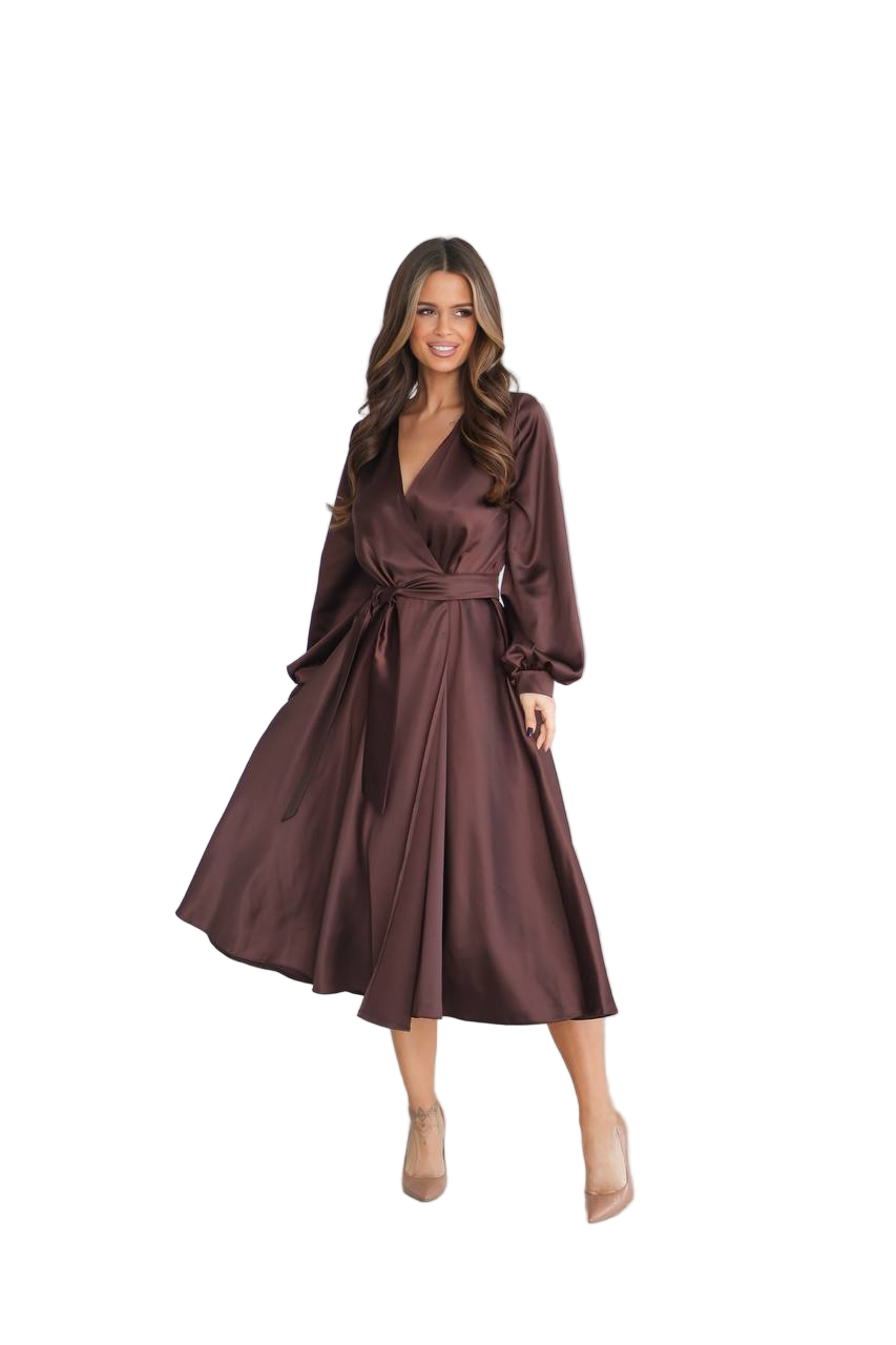 Chocolate Brown Satin Wrap Midi Dress V Neck Long Sleeve Belted