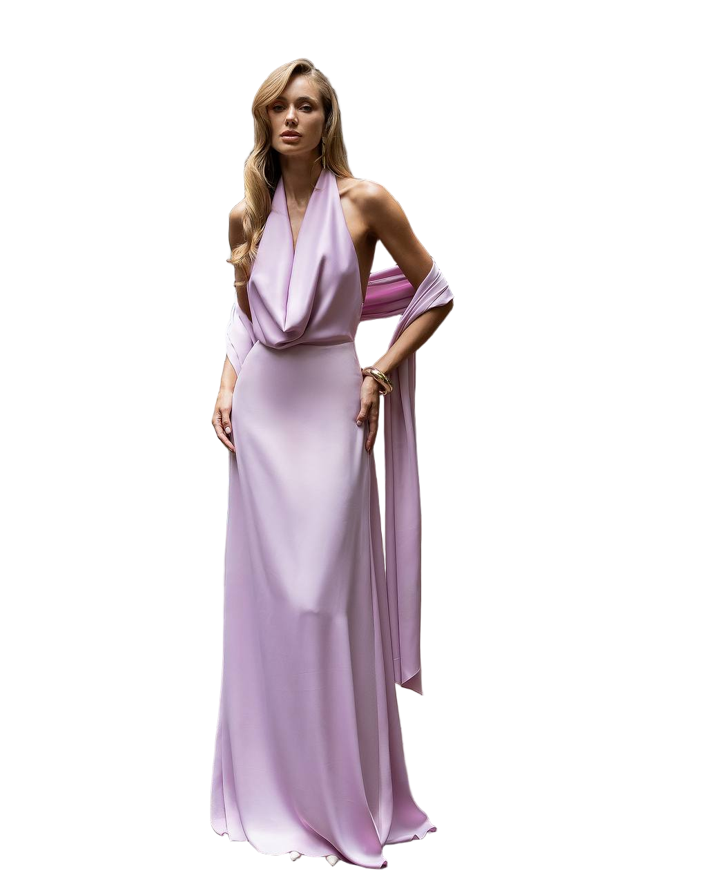 Premium Satin Halter Evening Dress with Scarf Pink