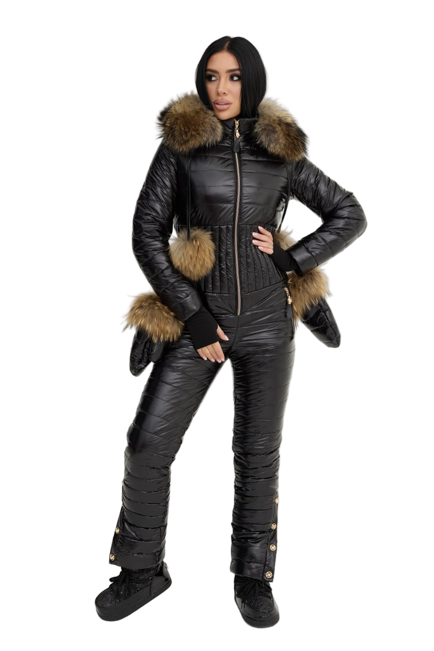 Womens Black Winter Overall Ski Jumpsuit with Raccoon Fur Hood Faux Fur Mittens Silicon Filled Shiny Fabric