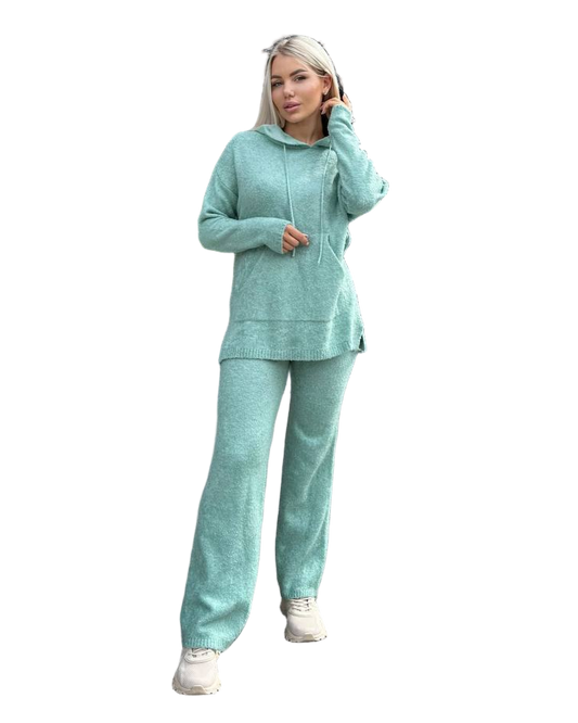 Warm Knitted Two-Piece Knit Set Mint Green Cozy Loungewear Hoodie and Pants