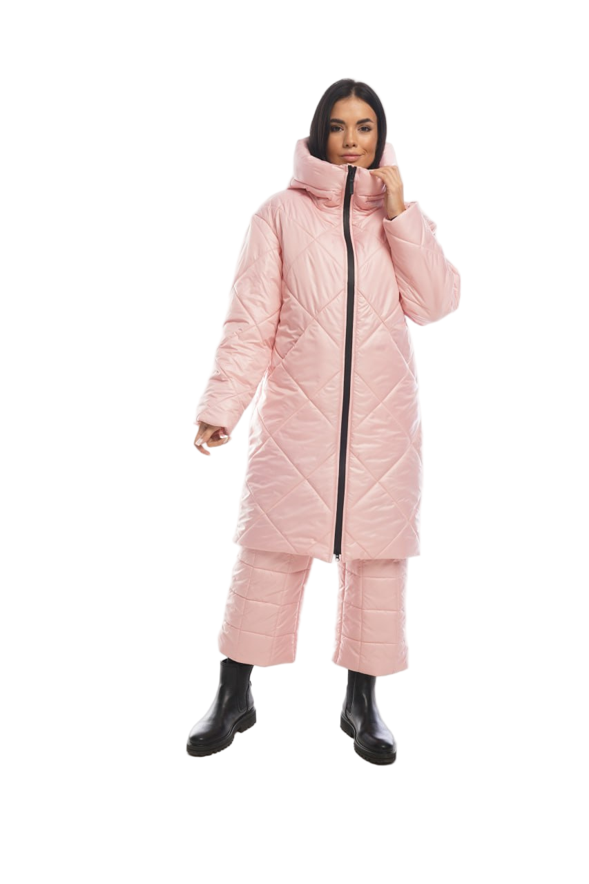 Pink Quilted Winter Ski Suit Hooded Puffer Coat Cropped Pants Water Repellent Siliconized Fill