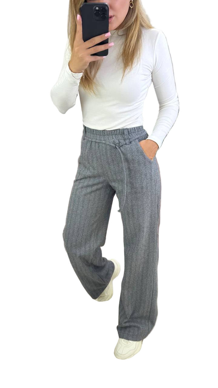 Gray Wool Cashmere Trousers Warm Wide Leg Elastic Waist