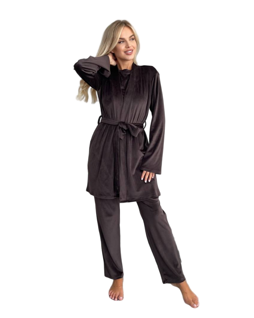 Velour Three Piece Loungewear Set Women Robe Top Pants Homewear