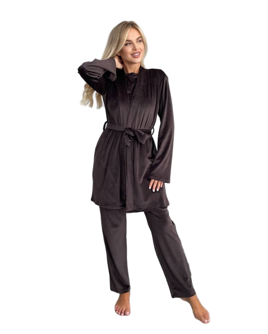 Velour Three Piece Loungewear Set Women Robe Top Pants Homewear