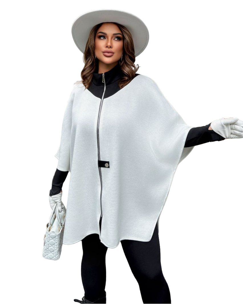 White Angora Knit Cardigan Poncho Zip Front