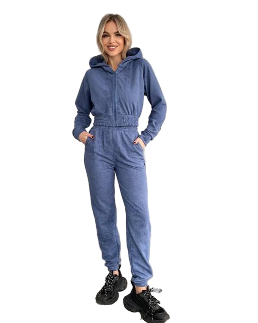 Womens Blue Cotton Hoodie and Joggers Tracksuit Set