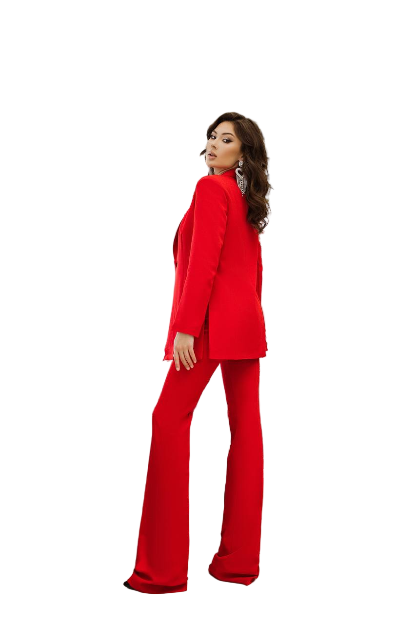 Woman wearing a red suit on a white background