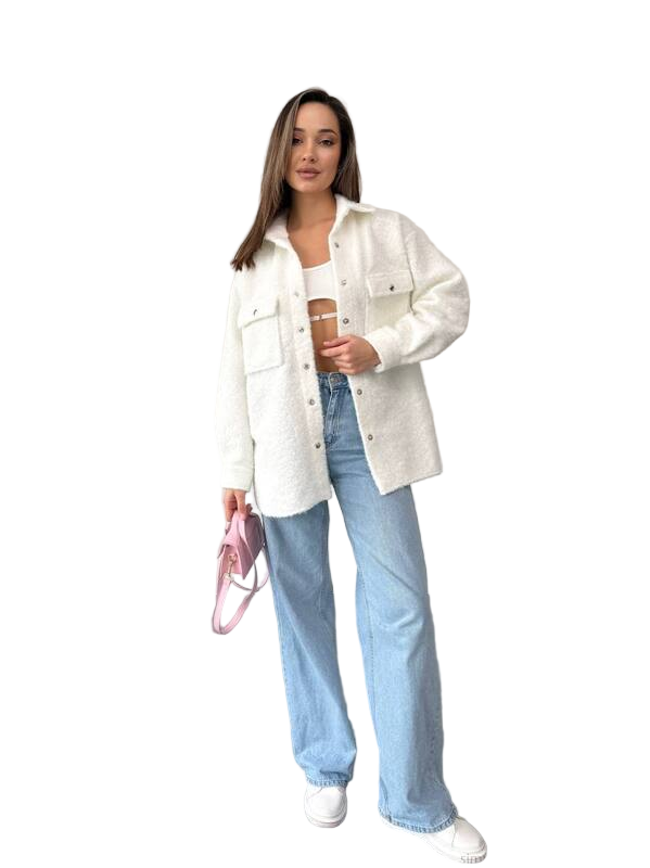 Women White Boucle Wool Shirt Jacket Stylish Cozy Outerwear