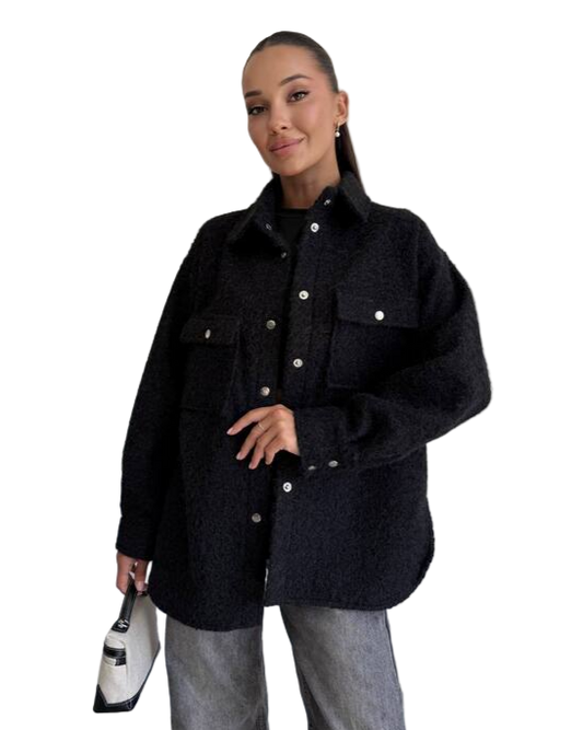 Stylish Black Wool Boucle Shirt Jacket for Women