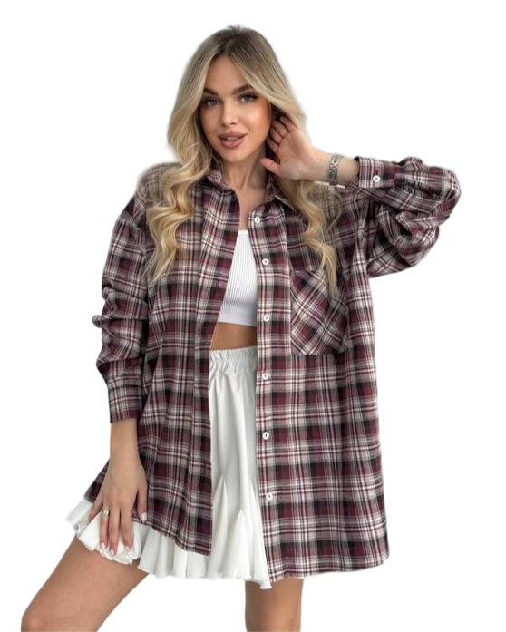 Oversized Flannel Shirt Dress in Burgundy Plaid