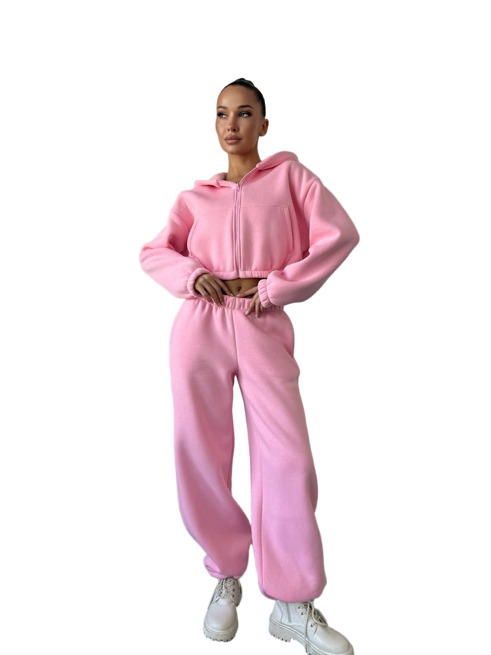 Pink Fleece Lined Tracksuit Women Cropped Zip Hoodie and Jogger Pants Autumn Winter