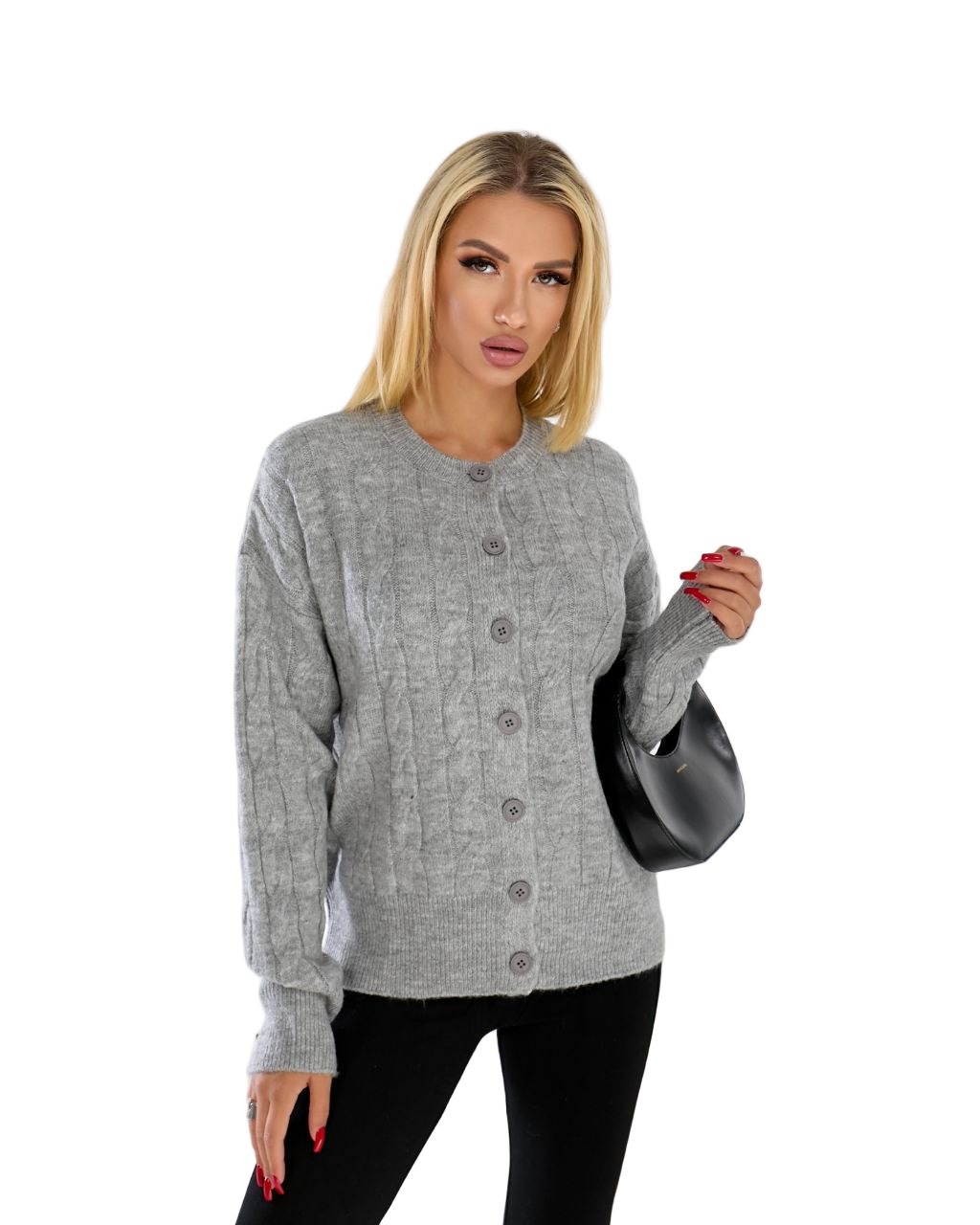 Oversized Grey Cable Knit Cardigan Button Front