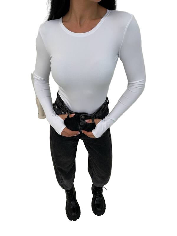 Person wearing a white long-sleeve top and black pants on a white background