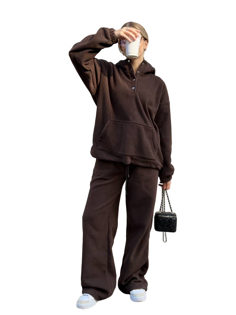 Brown Warm Double Sided Fleece Tracksuit with Hood and Snap Button