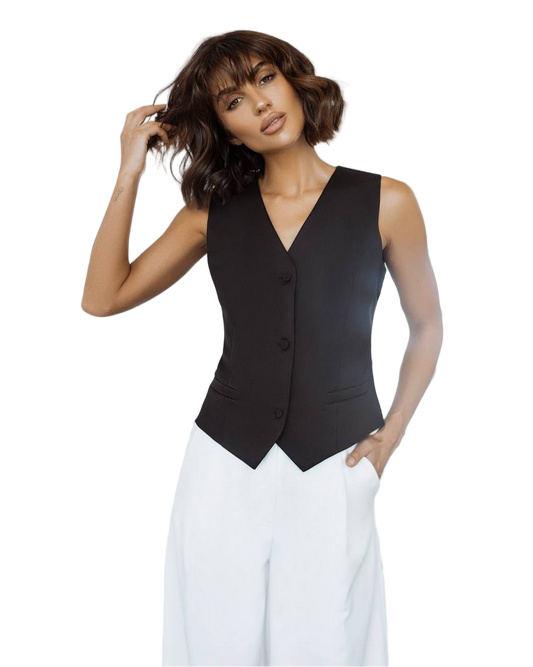 Black Crepe Diagonal Womens Waistcoat Tailored Lined Button Front Vest