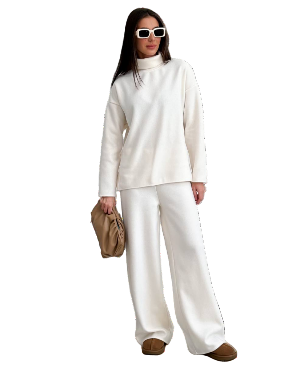 Cream Oversized Knit Set Turtleneck Sweater with High Waist Wide Leg Pants Turkish Cotton