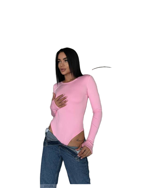 Woman wearing a pink long-sleeve top and blue jeans on a white background
