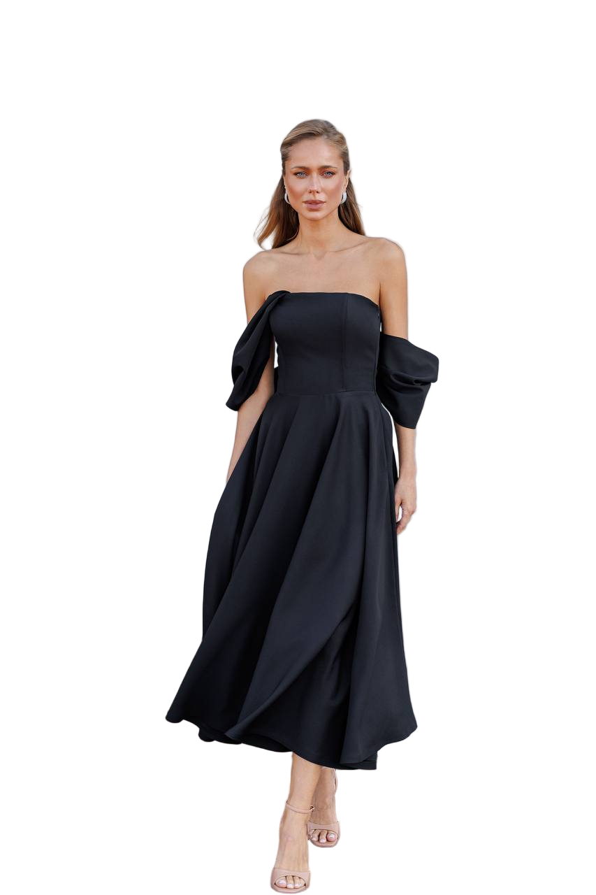 Black Off Shoulder Midi Dress Diagonal Crepe Elegant Evening Dress