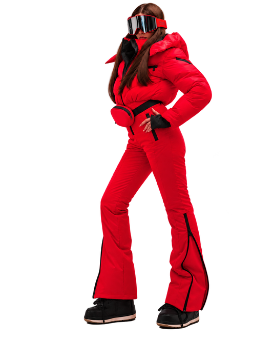Women's Red Ski Jumpsuit – Premium Insulated One-Piece Snowsuit with puffer jacket top, fitted ski pants and matching waist bag