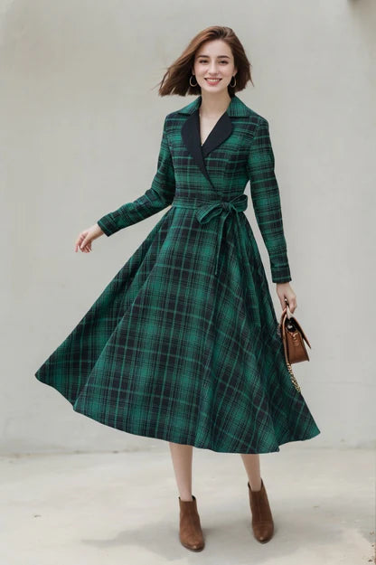 Cashmere Plaid Sarafan Dress with Waist Tie
