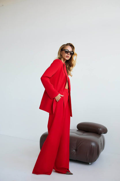 Red Diagonal Crepe Palazzo Suit Women Tailored Blazer Wide Leg Pants