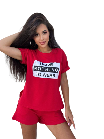 Eddi Red Two-Piece Women's Suit with T-Shirt and Mid-Rise Shorts