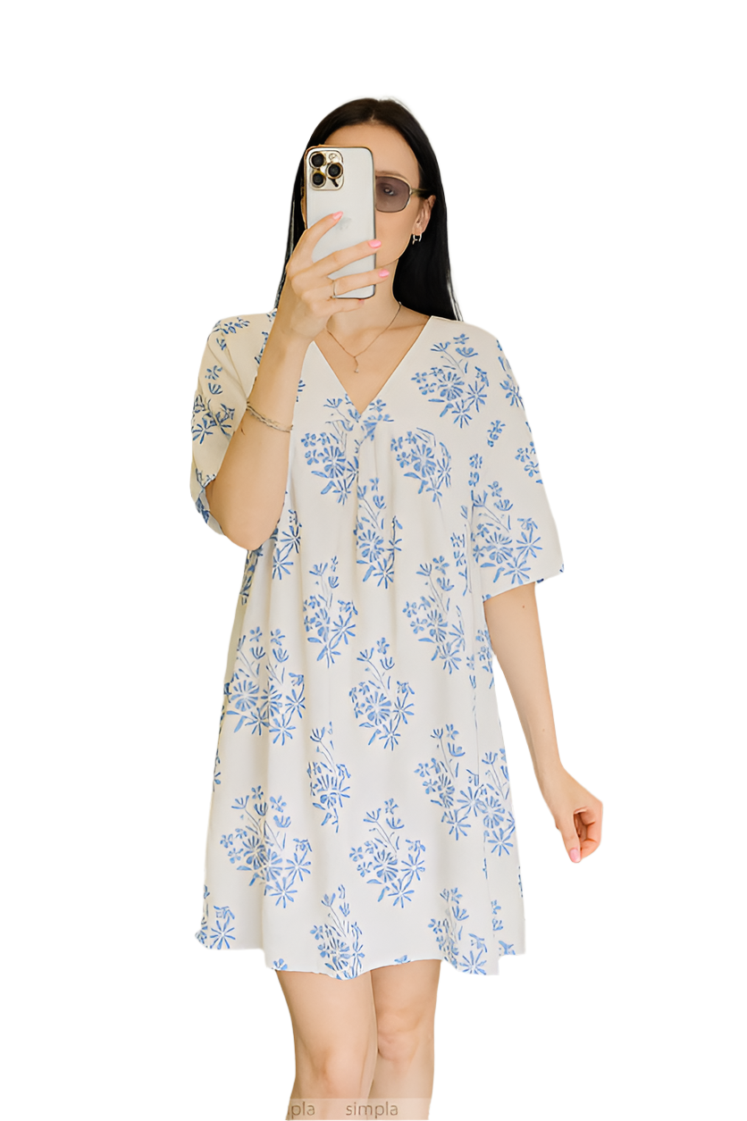 Light Summer Floral Cotton Dress V-Neck Short Sleeve Mini