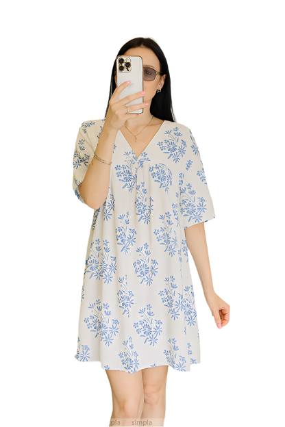 Light Summer Floral Cotton Dress V-Neck Short Sleeve Mini