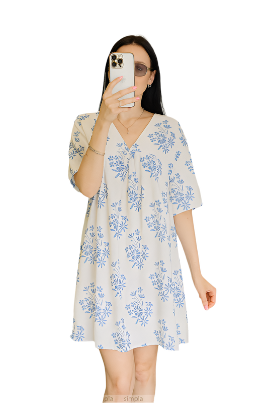 Light Summer Floral Cotton Dress V-Neck Short Sleeve Mini