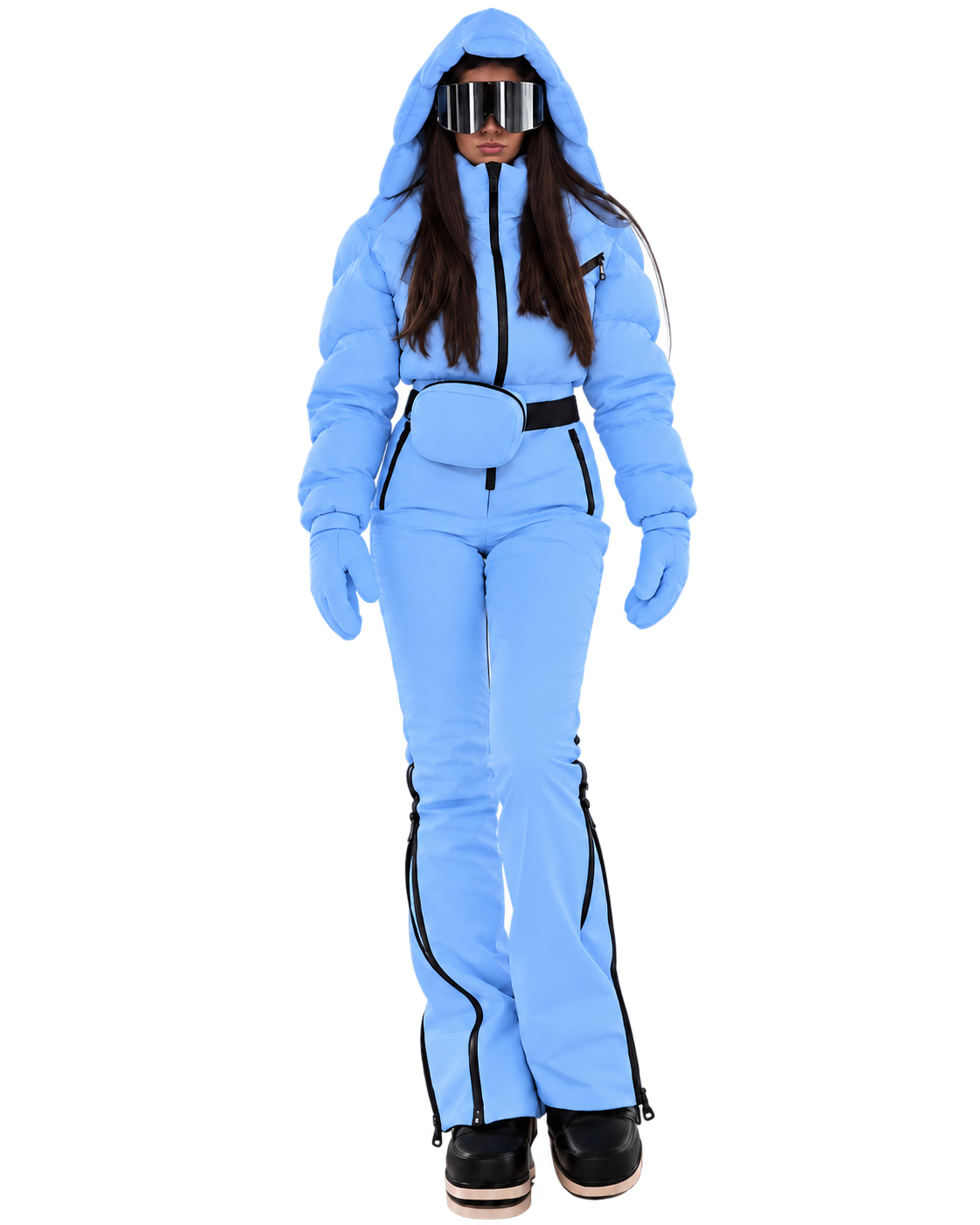 Women's Light Blue Ski Jumpsuit – Premium Insulated One-Piece Snowsuit with Puffer Jacket Top, Fitted Ski Pants and Matching Waist Bag