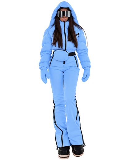Women's Light Blue Ski Jumpsuit – Premium Insulated One-Piece Snowsuit with Puffer Jacket Top, Fitted Ski Pants and Matching Waist Bag