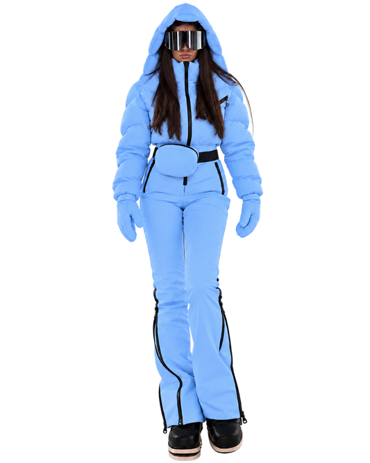 Women's Light Blue Ski Jumpsuit – Premium Insulated One-Piece Snowsuit with Puffer Jacket Top, Fitted Ski Pants and Matching Waist Bag